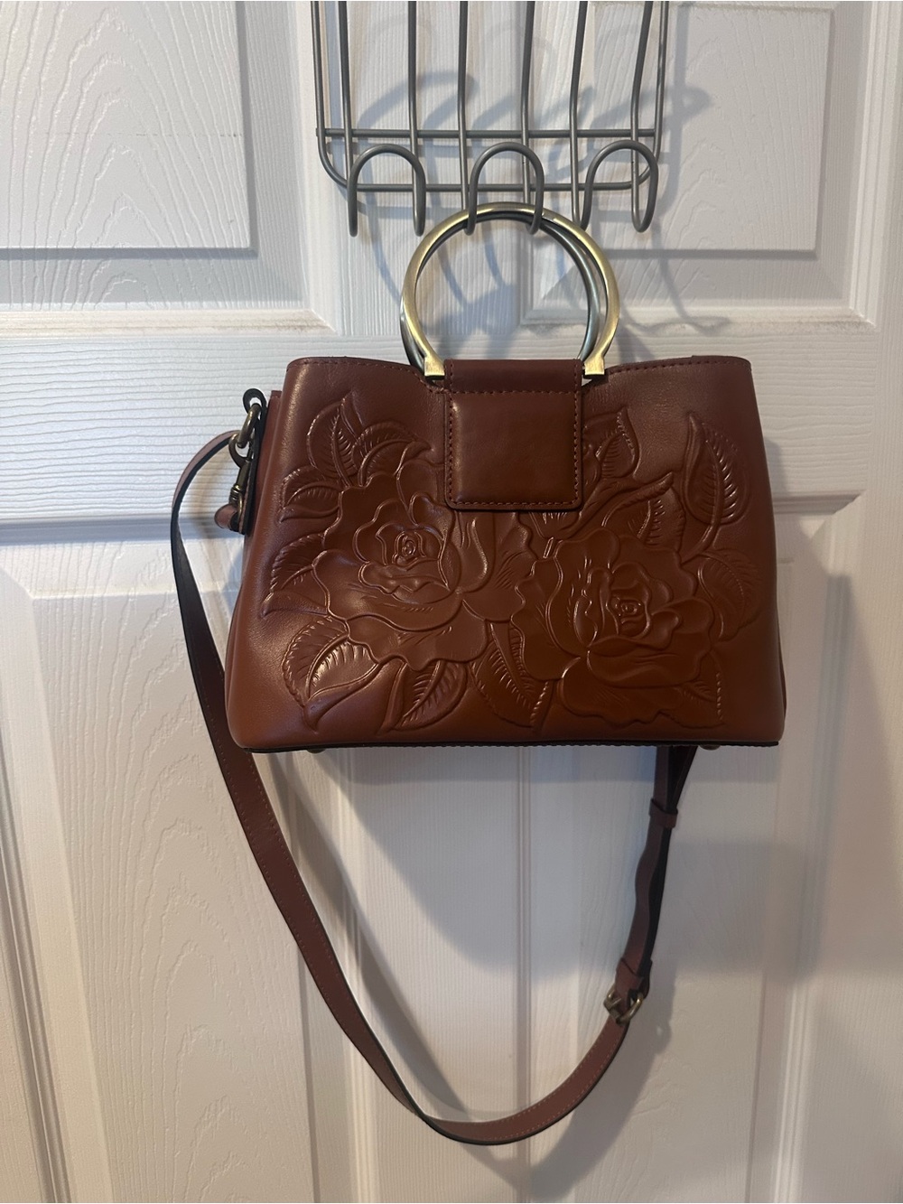 Patricia Nash Brown Floral Embossed Ring-Handle Crossbody